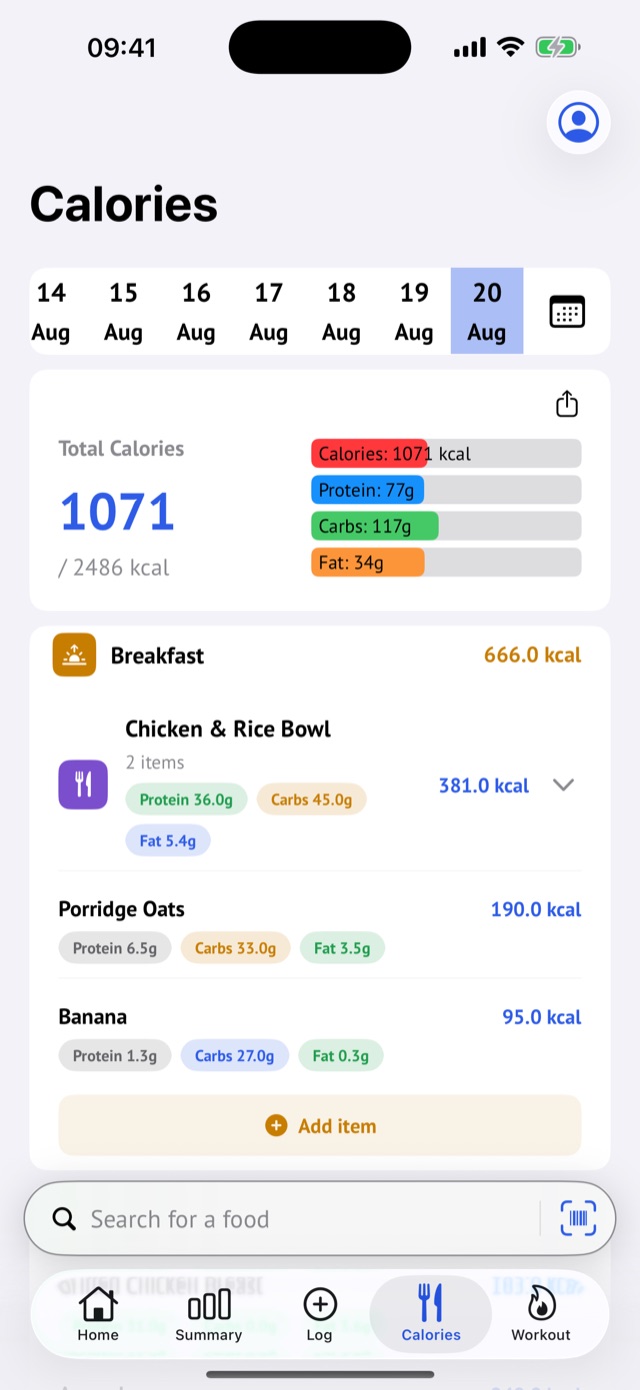 Weighly calories screen with daily calorie target, macros and logged meals