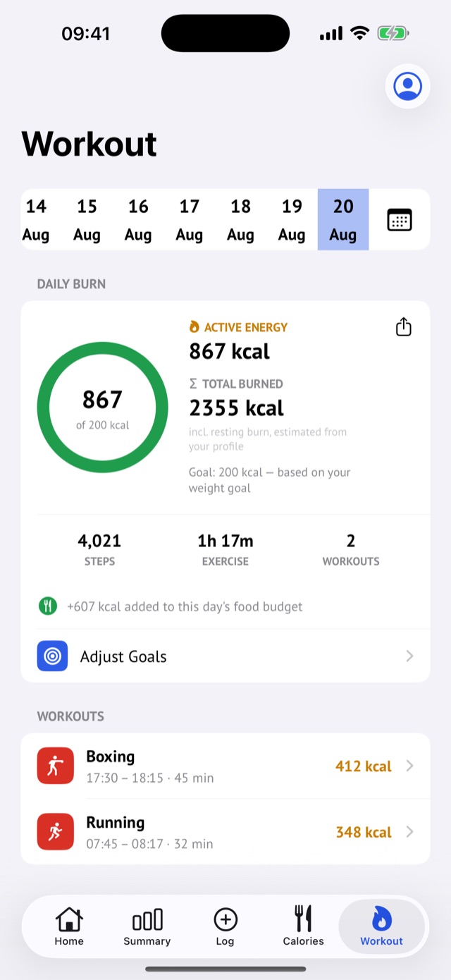Weighly workout screen with energy burned ring, workouts and heart rate