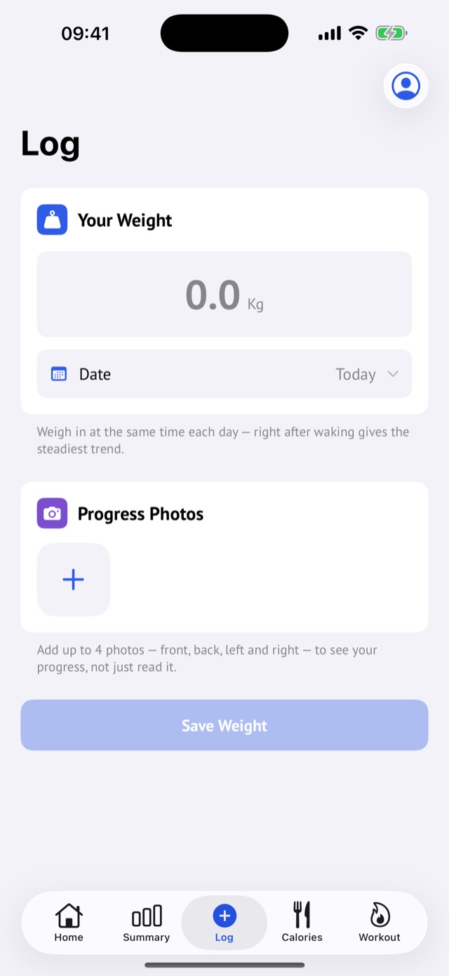 Weighly log screen for entering a new weight